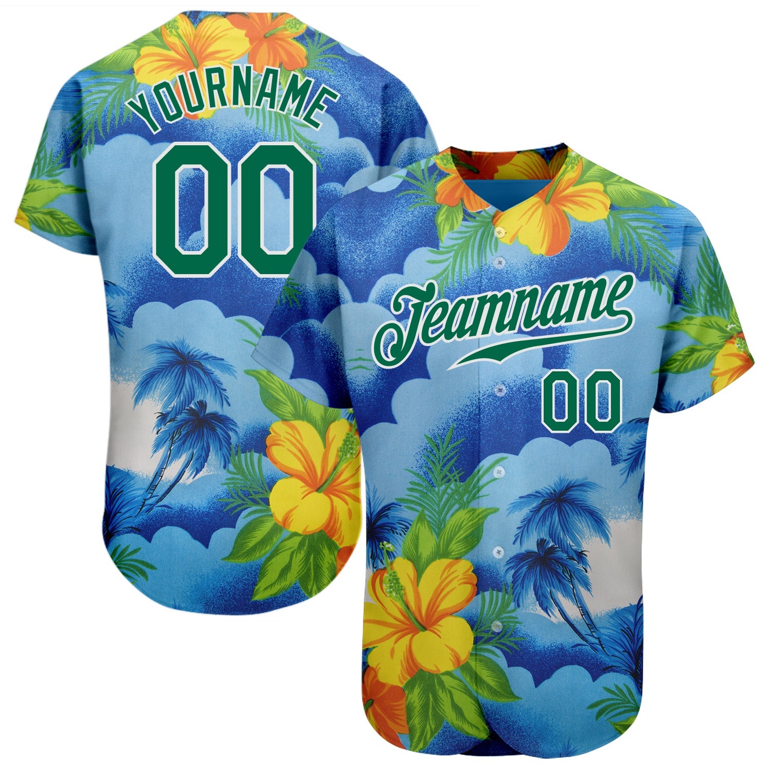 Custom White Kelly Green 3D Pattern Design Beach Hawaii Palm Trees And Flowers Authentic Baseball Jersey - Main View