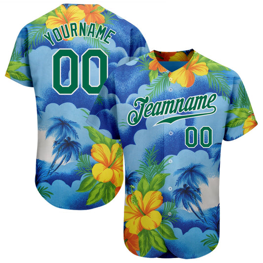 Custom White Kelly Green 3D Pattern Design Beach Hawaii Palm Trees And Flowers Authentic Baseball Jersey - Main View