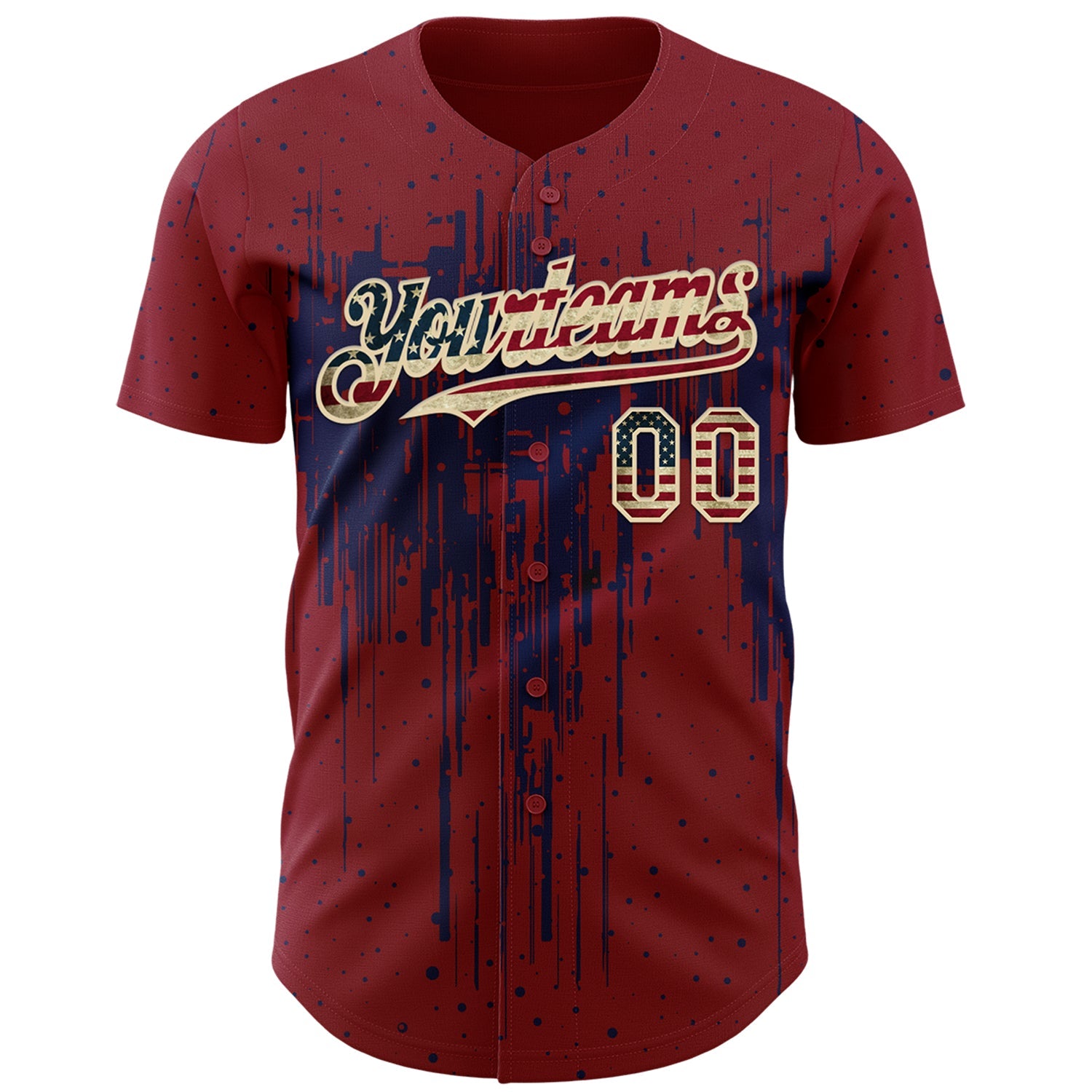 Custom Crimson Vintage USA Flag Cream-Navy Dripping Splatter Paint Authentic Baseball Jersey view 2
