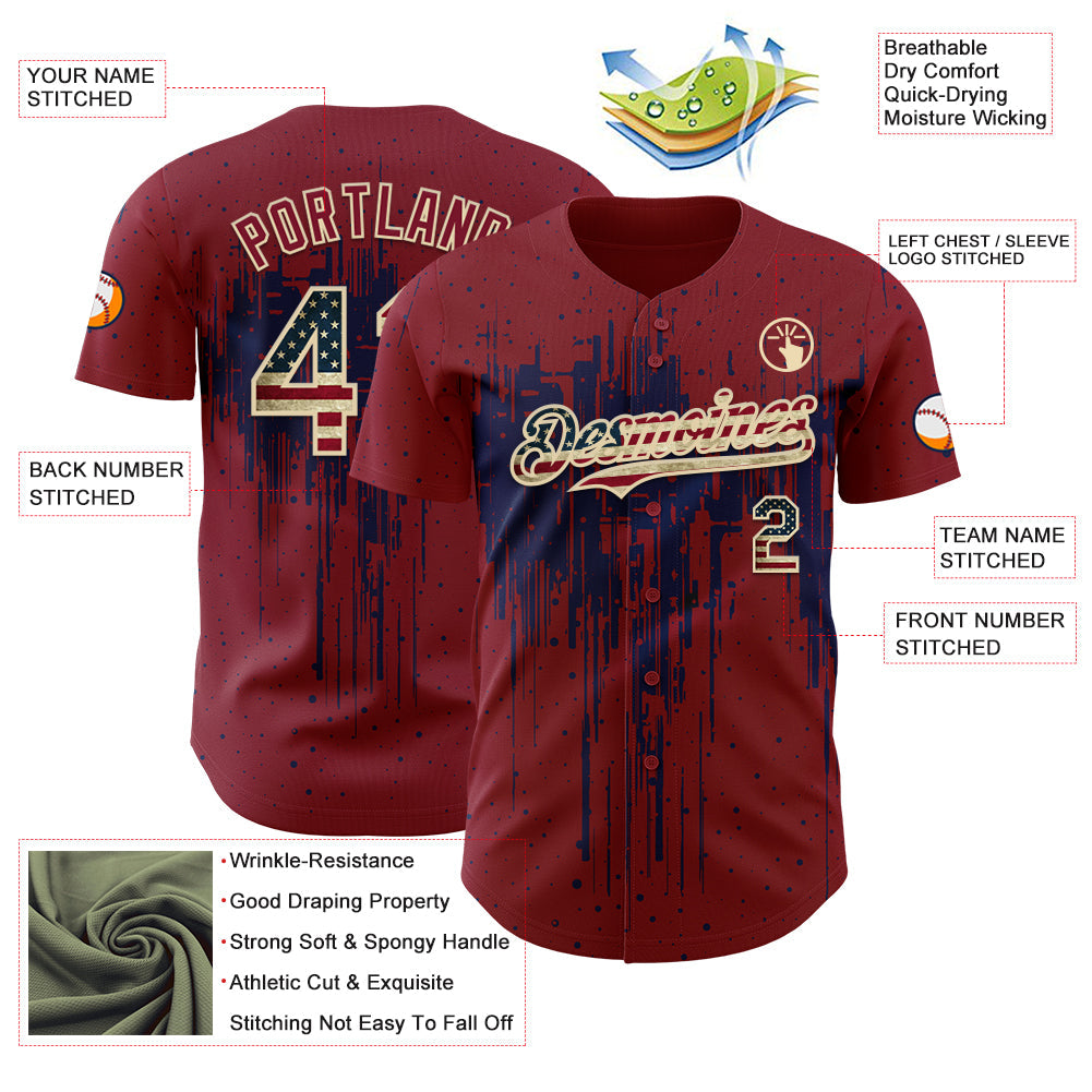 Custom Crimson Vintage USA Flag Cream-Navy Dripping Splatter Paint Authentic Baseball Jersey view 3
