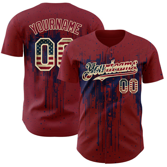 Custom Crimson Vintage USA Flag Cream-Navy Dripping Splatter Paint Authentic Baseball Jersey - Main View