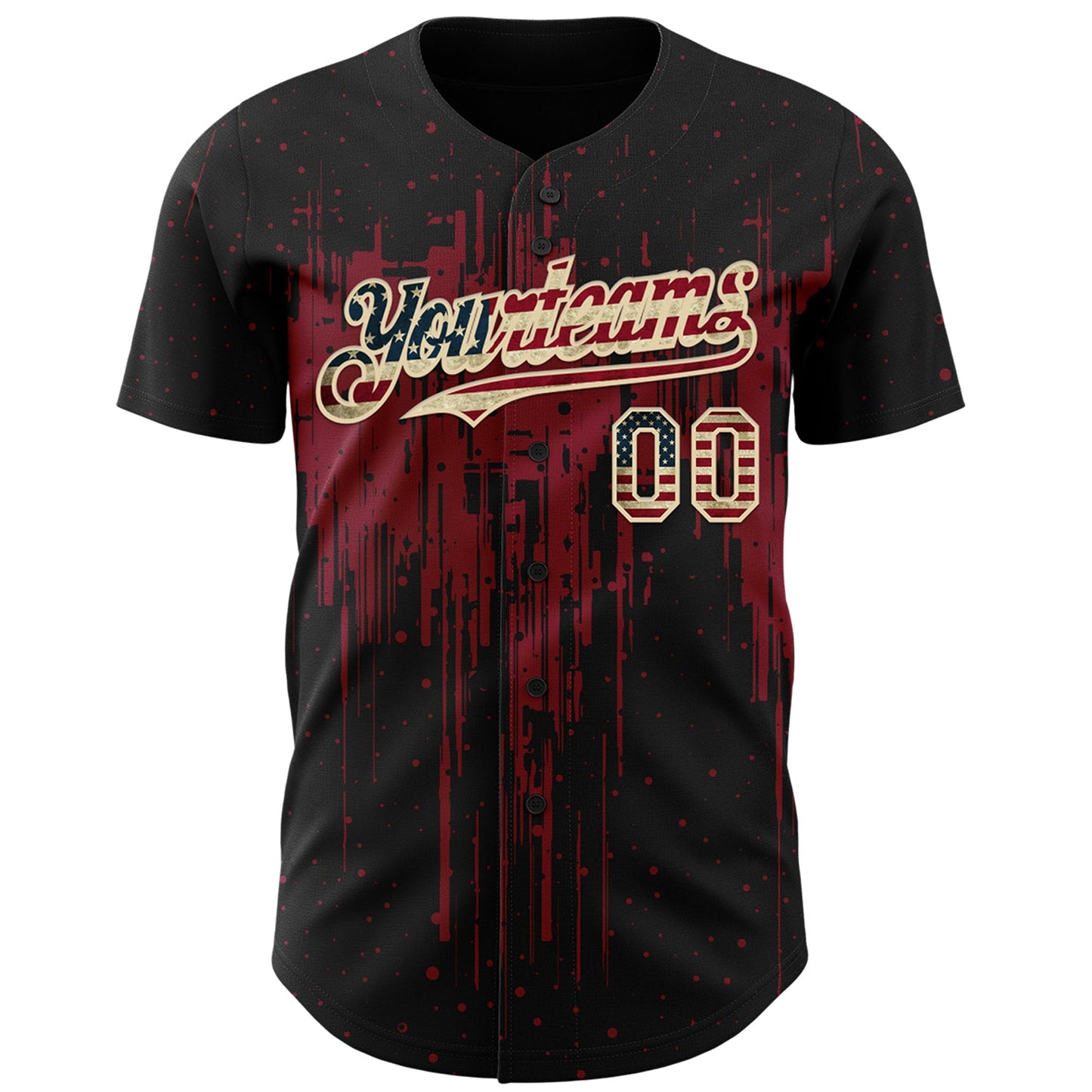 Custom Black Vintage USA Flag Cream-Crimson Dripping Splatter Paint Authentic Baseball Jersey view 2