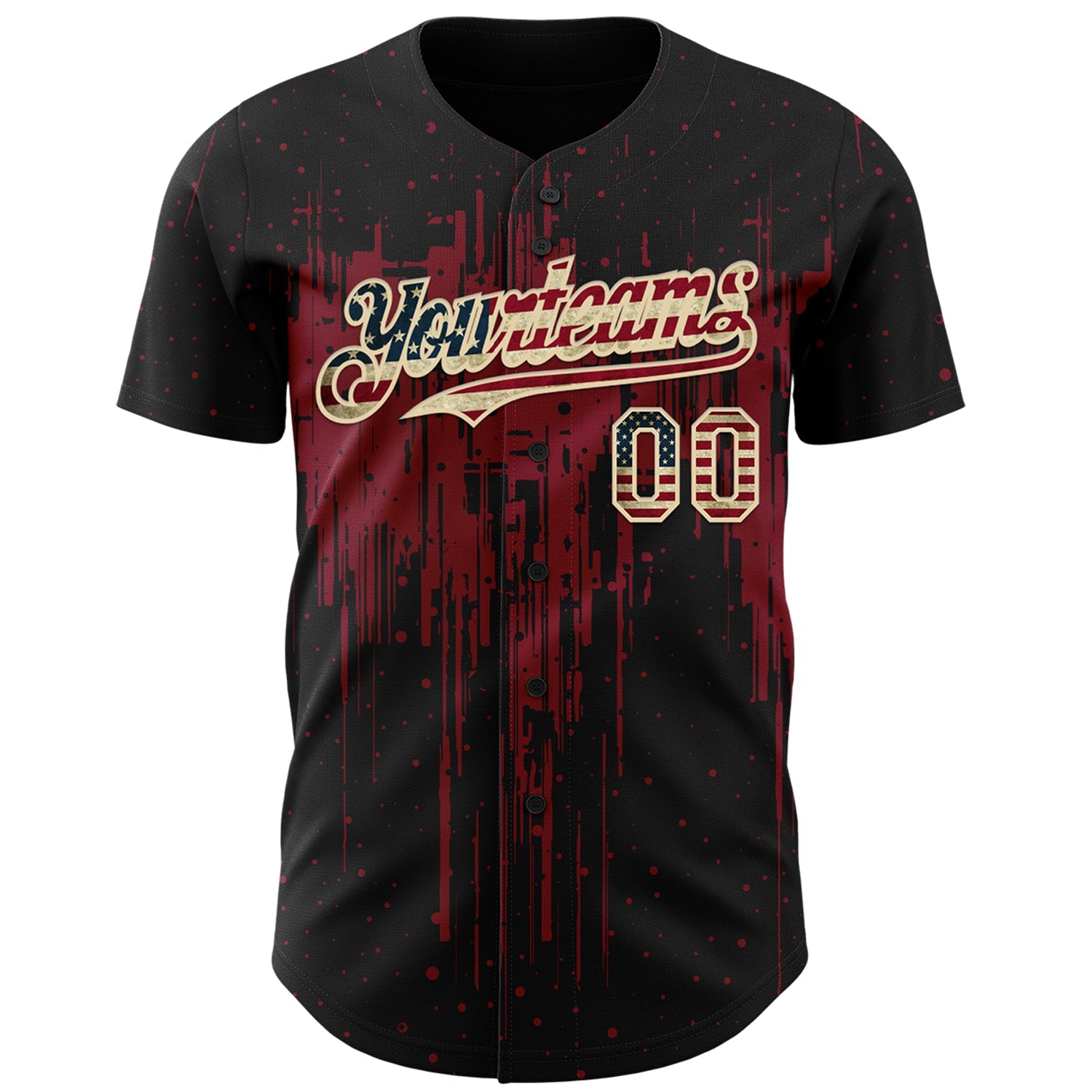 Custom Black Vintage USA Flag Cream-Crimson Dripping Splatter Paint Authentic Baseball Jersey view 2
