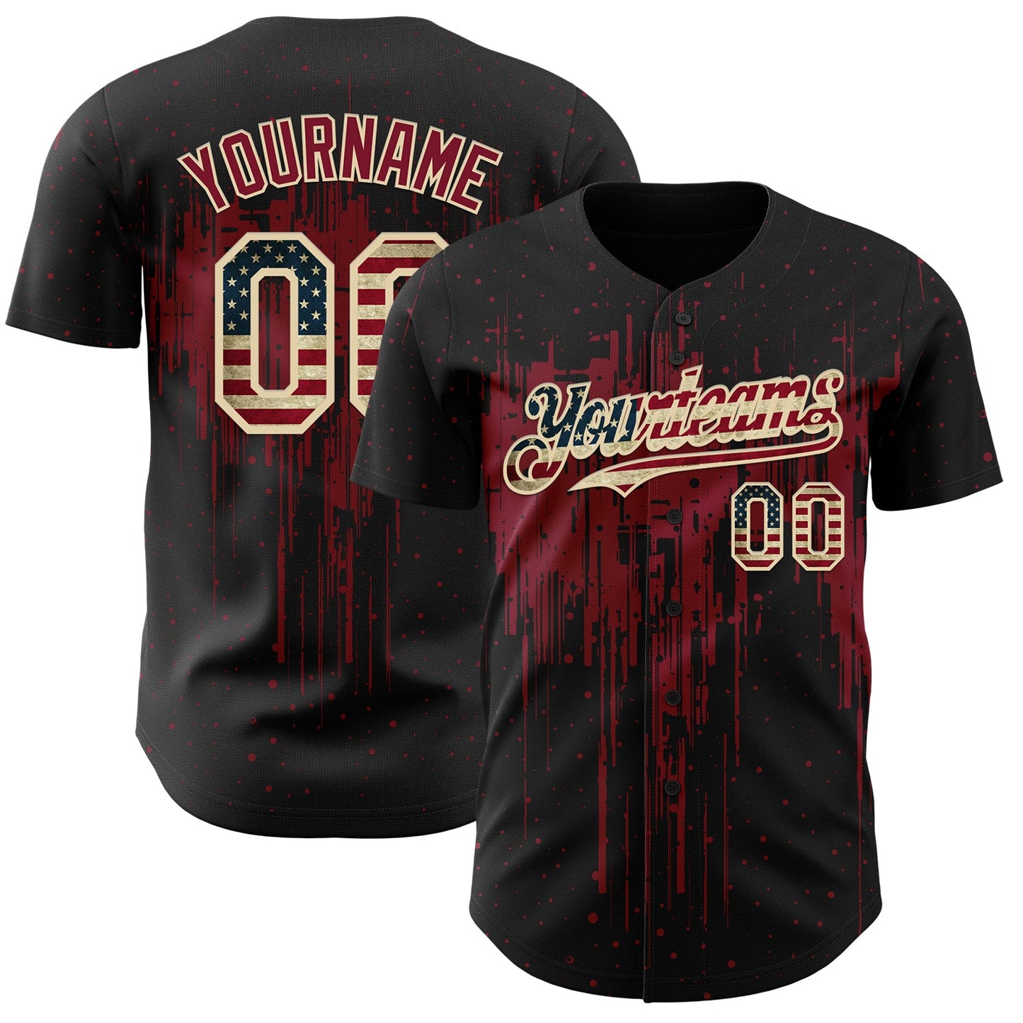 Custom Black Vintage USA Flag Cream-Crimson Dripping Splatter Paint Authentic Baseball Jersey - Main View