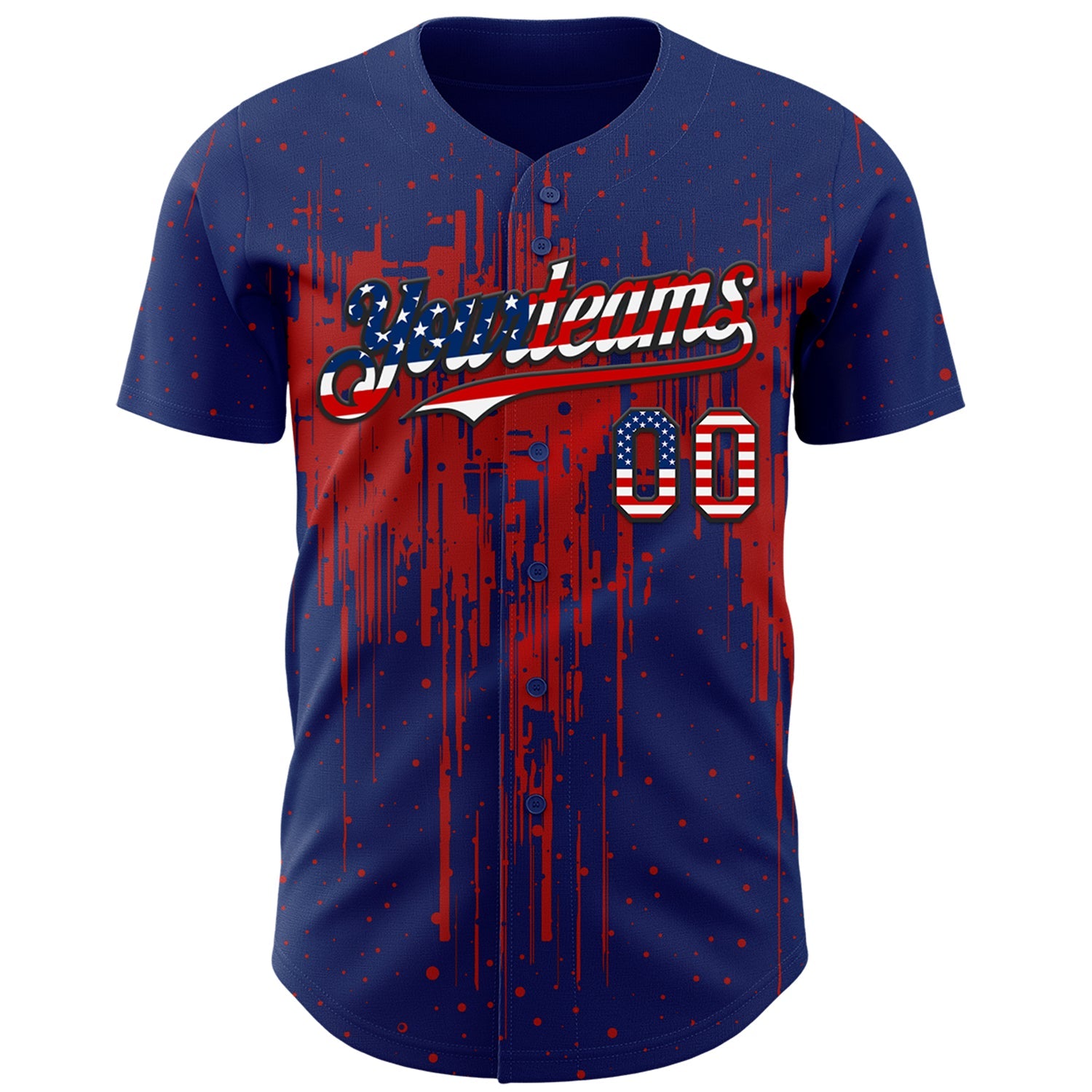Custom Royal Vintage USA Flag Black-Red Dripping Splatter Paint Authentic Baseball Jersey view 2