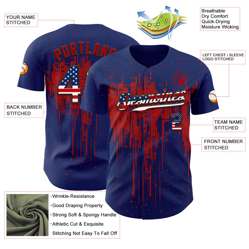 Custom Royal Vintage USA Flag Black-Red Dripping Splatter Paint Authentic Baseball Jersey view 3