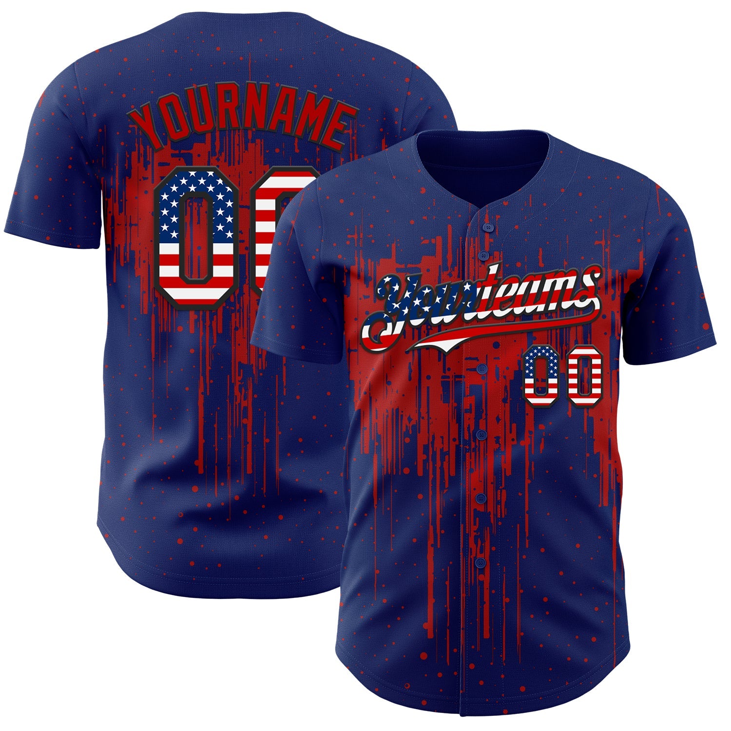 Custom Royal Vintage USA Flag Black-Red Dripping Splatter Paint Authentic Baseball Jersey - Main View
