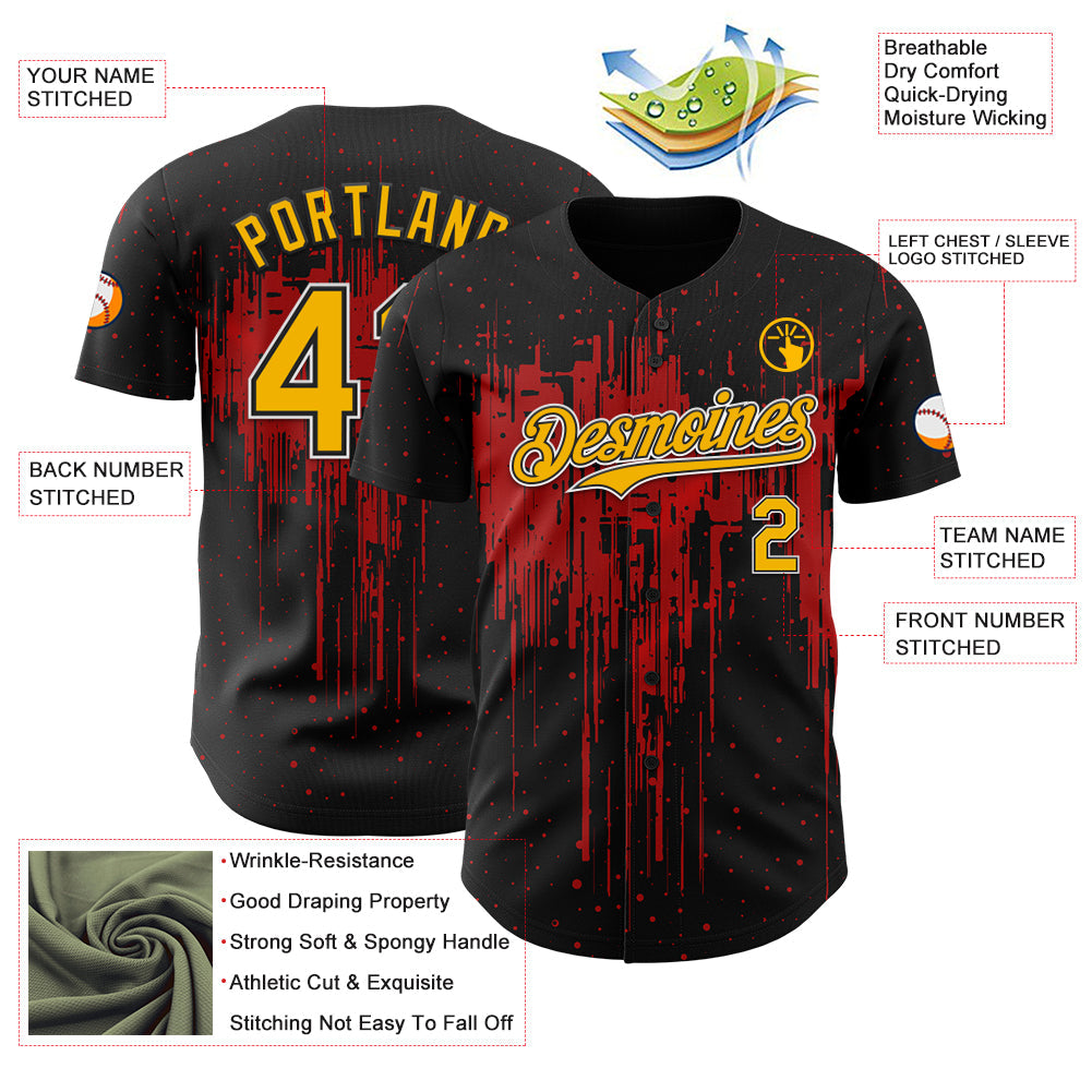 Custom Black Gold Red-White Dripping Splatter Paint Authentic Baseball Jersey view 3
