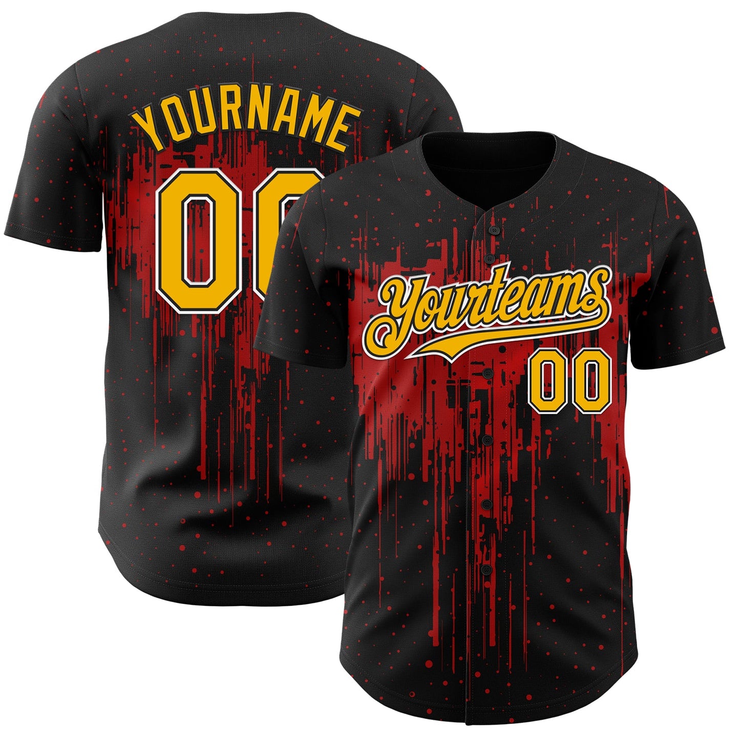 Custom Black Gold Red-White Dripping Splatter Paint Authentic Baseball Jersey - Main View
