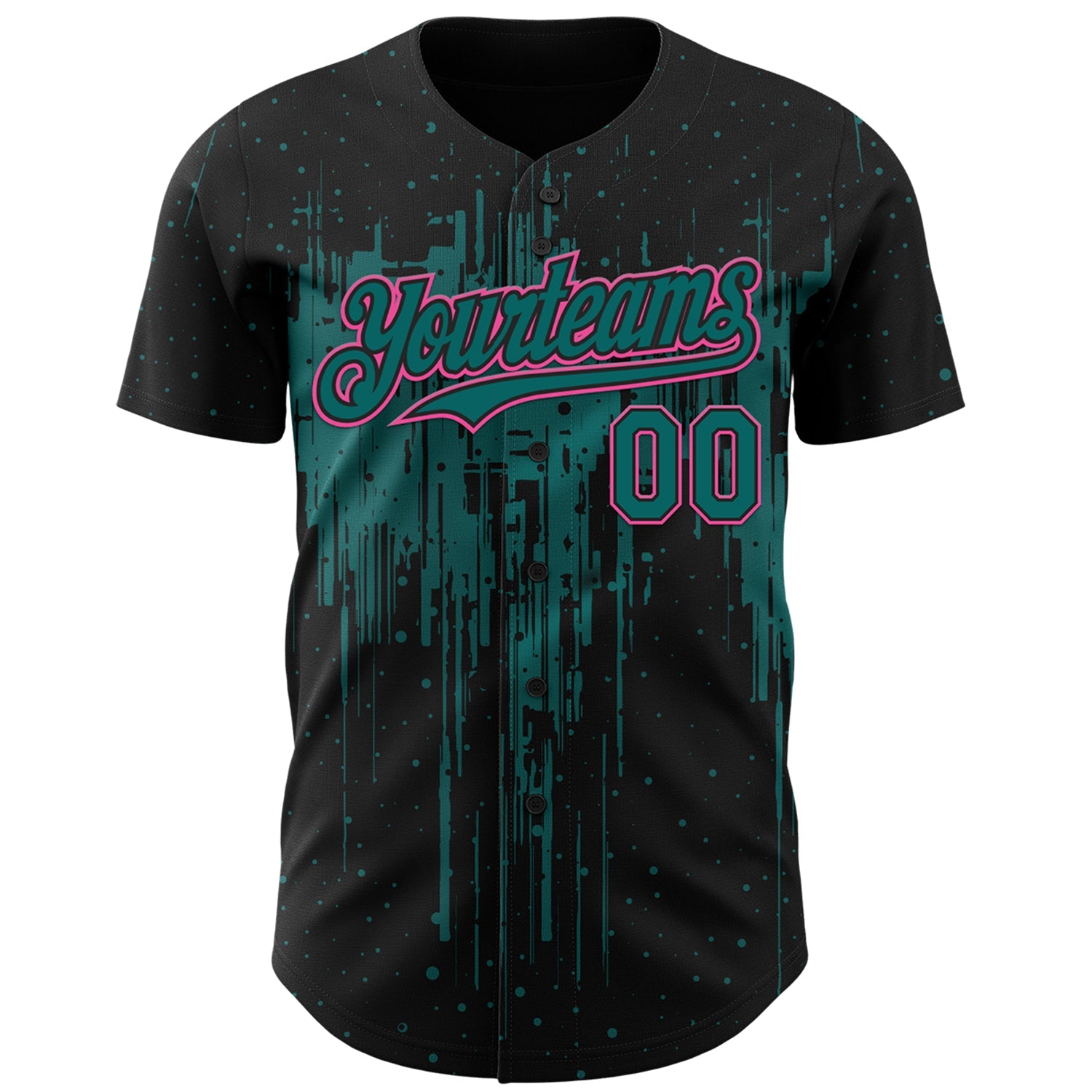 Custom Black Teal-Pink Dripping Splatter Paint Authentic Baseball Jersey view 2