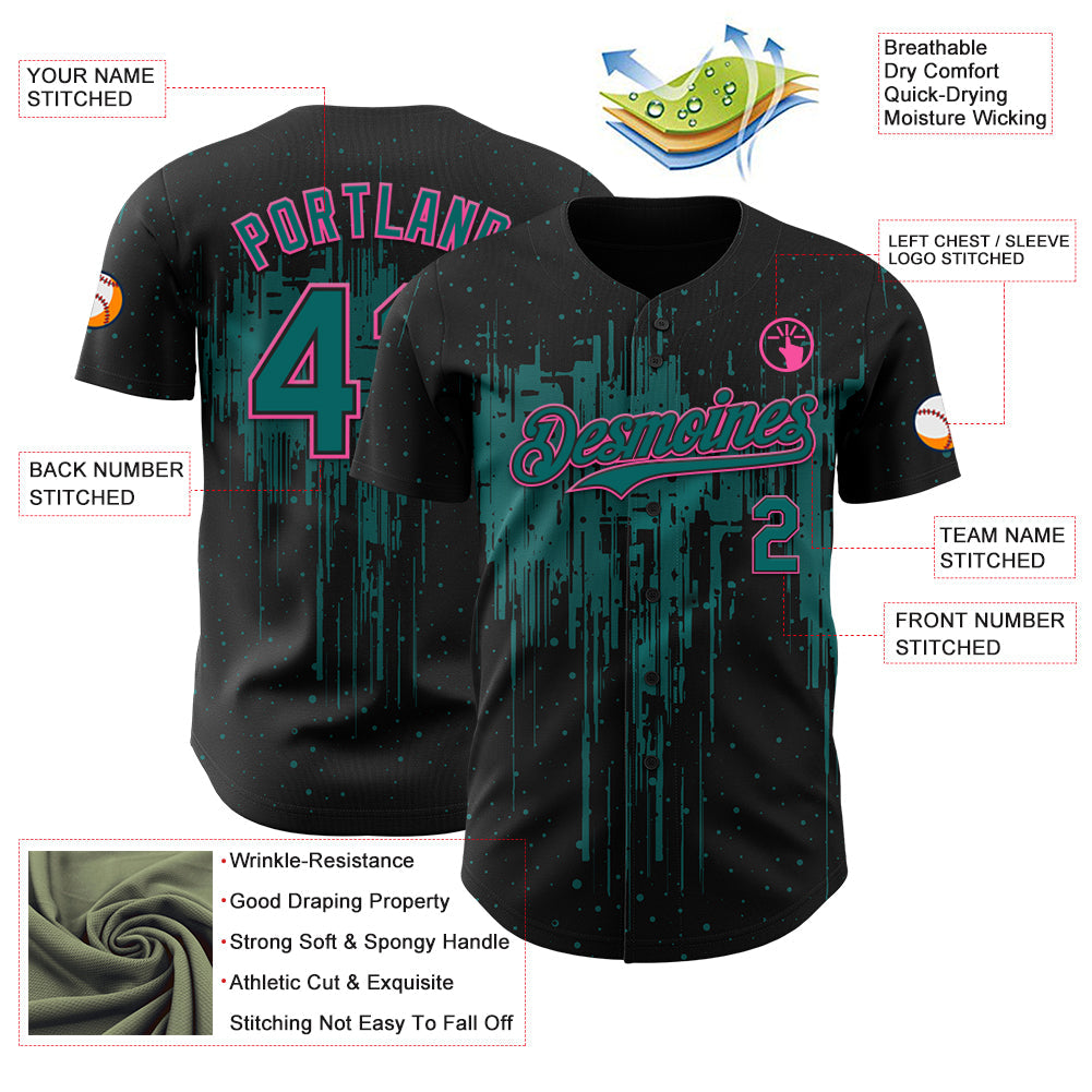 Custom Black Teal-Pink Dripping Splatter Paint Authentic Baseball Jersey view 3