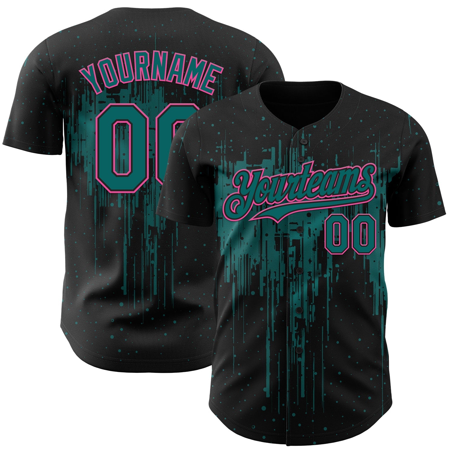 Custom Black Teal-Pink Dripping Splatter Paint Authentic Baseball Jersey - Main View