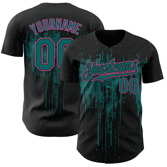 Custom Black Teal-Pink Dripping Splatter Paint Authentic Baseball Jersey - Main View