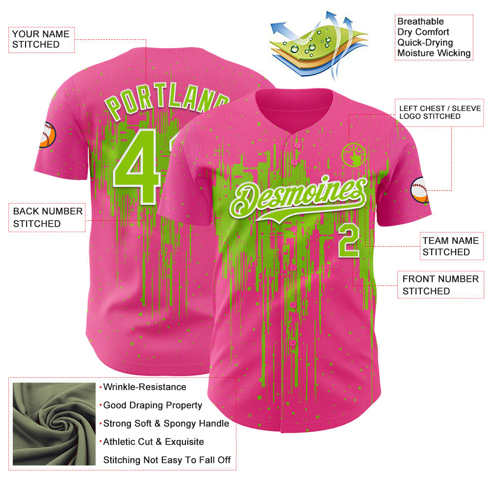Custom Pink Neon Green-White Dripping Splatter Paint Authentic Baseball Jersey view 3