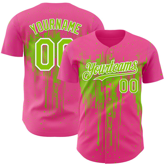 Custom Pink Neon Green-White Dripping Splatter Paint Authentic Baseball Jersey - Main View