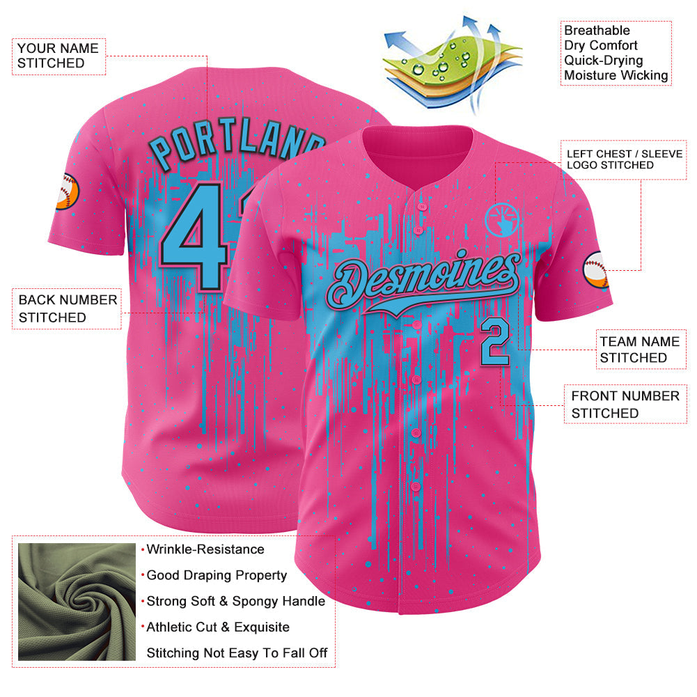 Custom Pink Sky Blue-Black Dripping Splatter Paint Authentic Baseball Jersey view 3