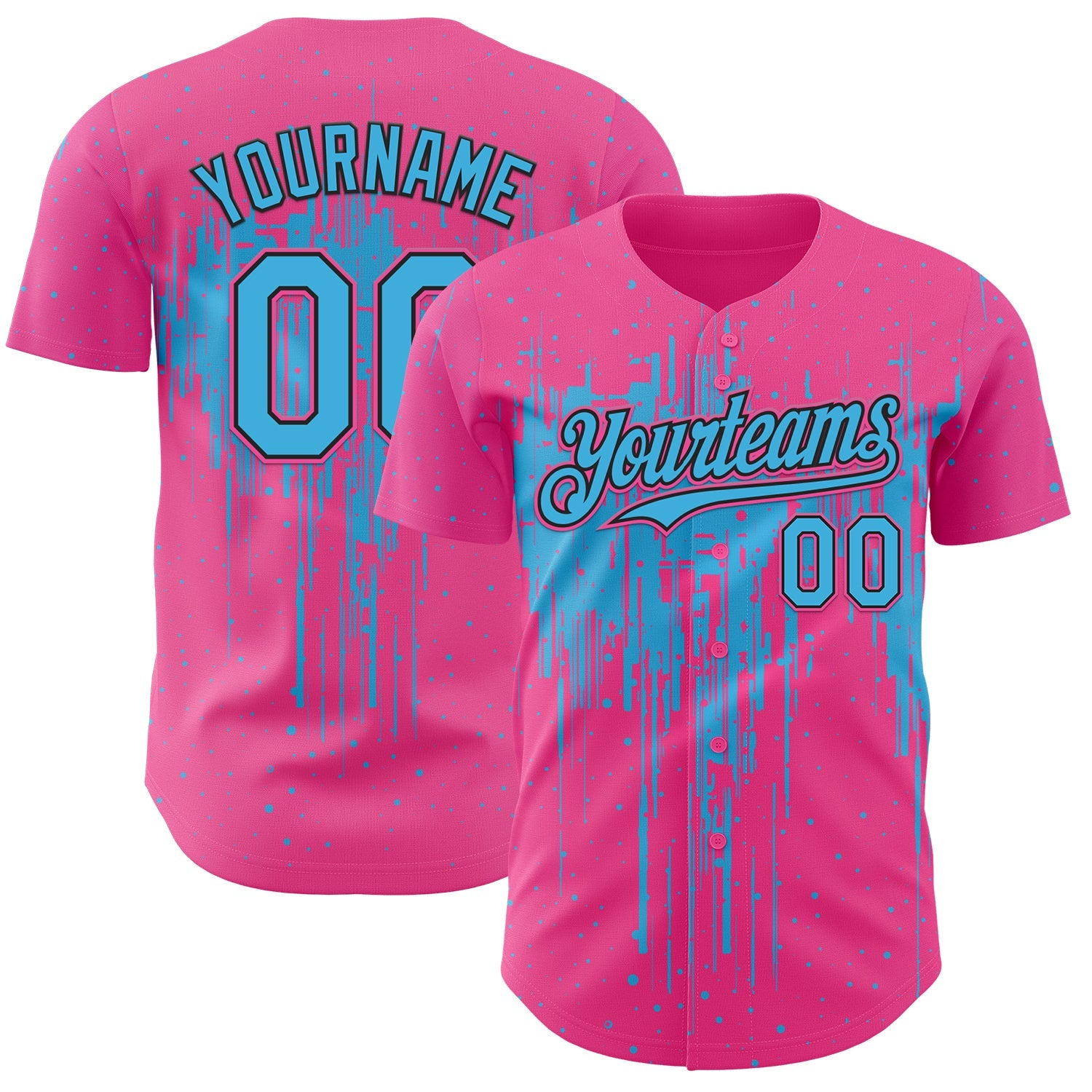 Custom Pink Sky Blue-Black Dripping Splatter Paint Authentic Baseball Jersey - Main View