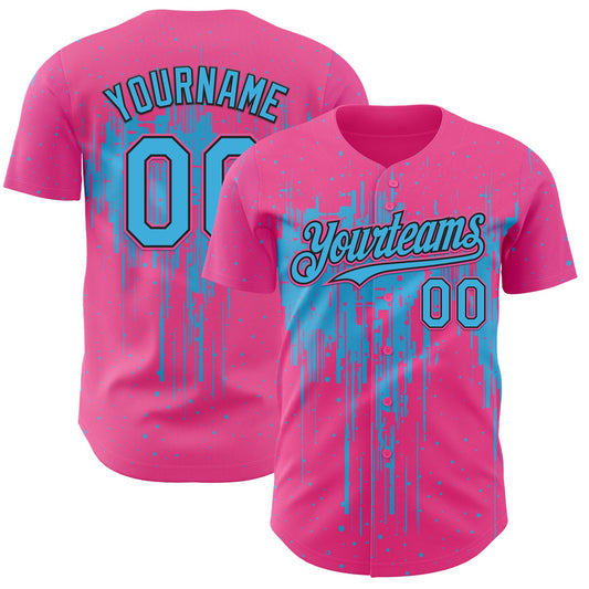 Custom Pink Sky Blue-Black Dripping Splatter Paint Authentic Baseball Jersey - Main View