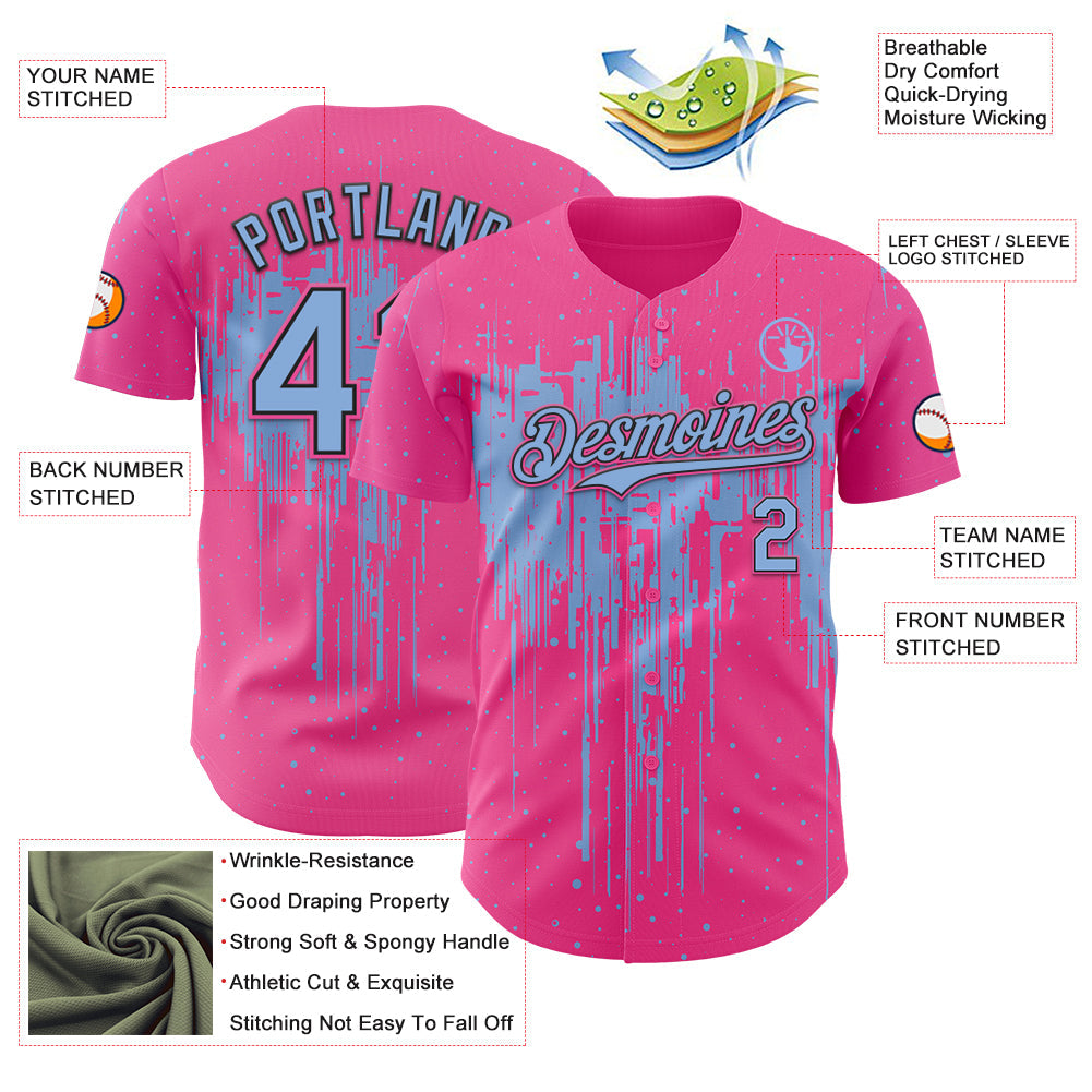 Custom Pink Light Blue-Black Dripping Splatter Paint Authentic Baseball Jersey view 3