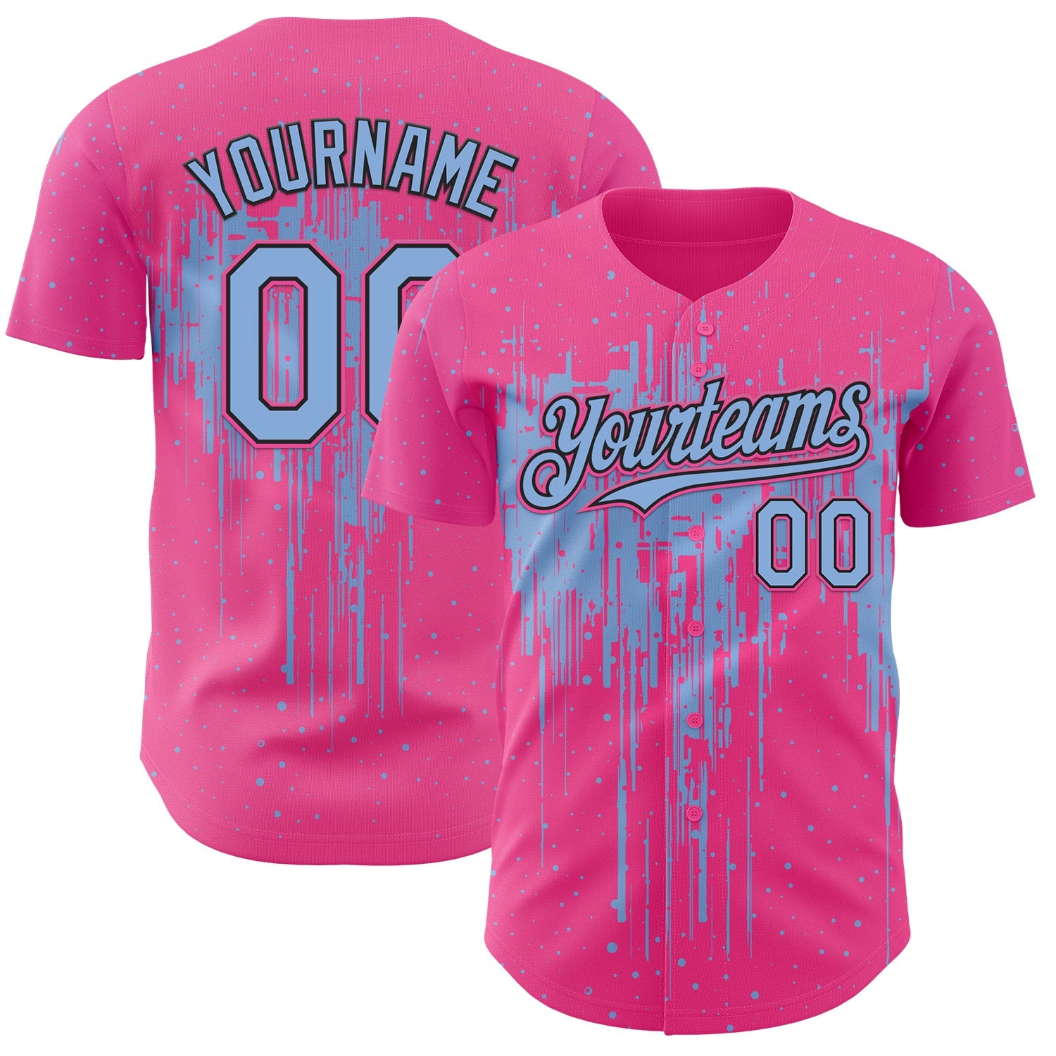 Custom Pink Light Blue-Black Dripping Splatter Paint Authentic Baseball Jersey - Main View