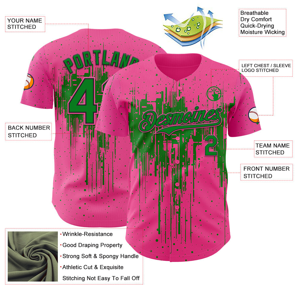 Custom Pink Grass Green-Black Dripping Splatter Paint Authentic Baseball Jersey view 3