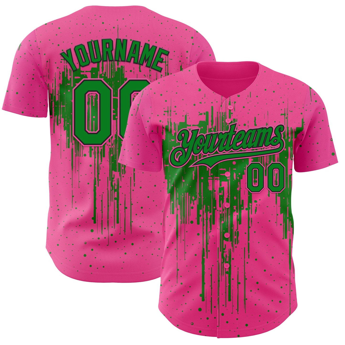 Custom Pink Grass Green-Black Dripping Splatter Paint Authentic Baseball Jersey - Main View