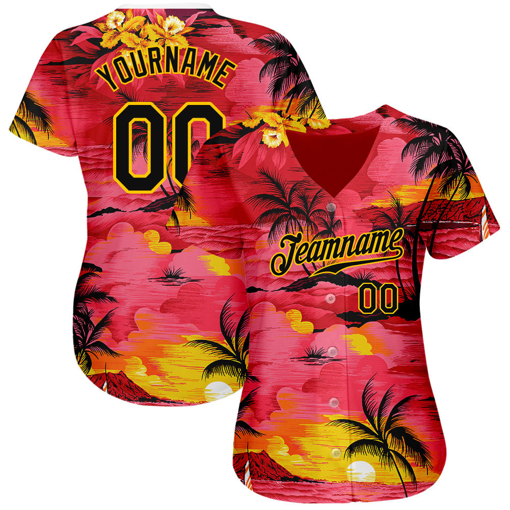 Custom Red Black-Yellow 3D Pattern Design Sun Beach Hawaii Palm Trees Authentic Baseball Jersey view 2