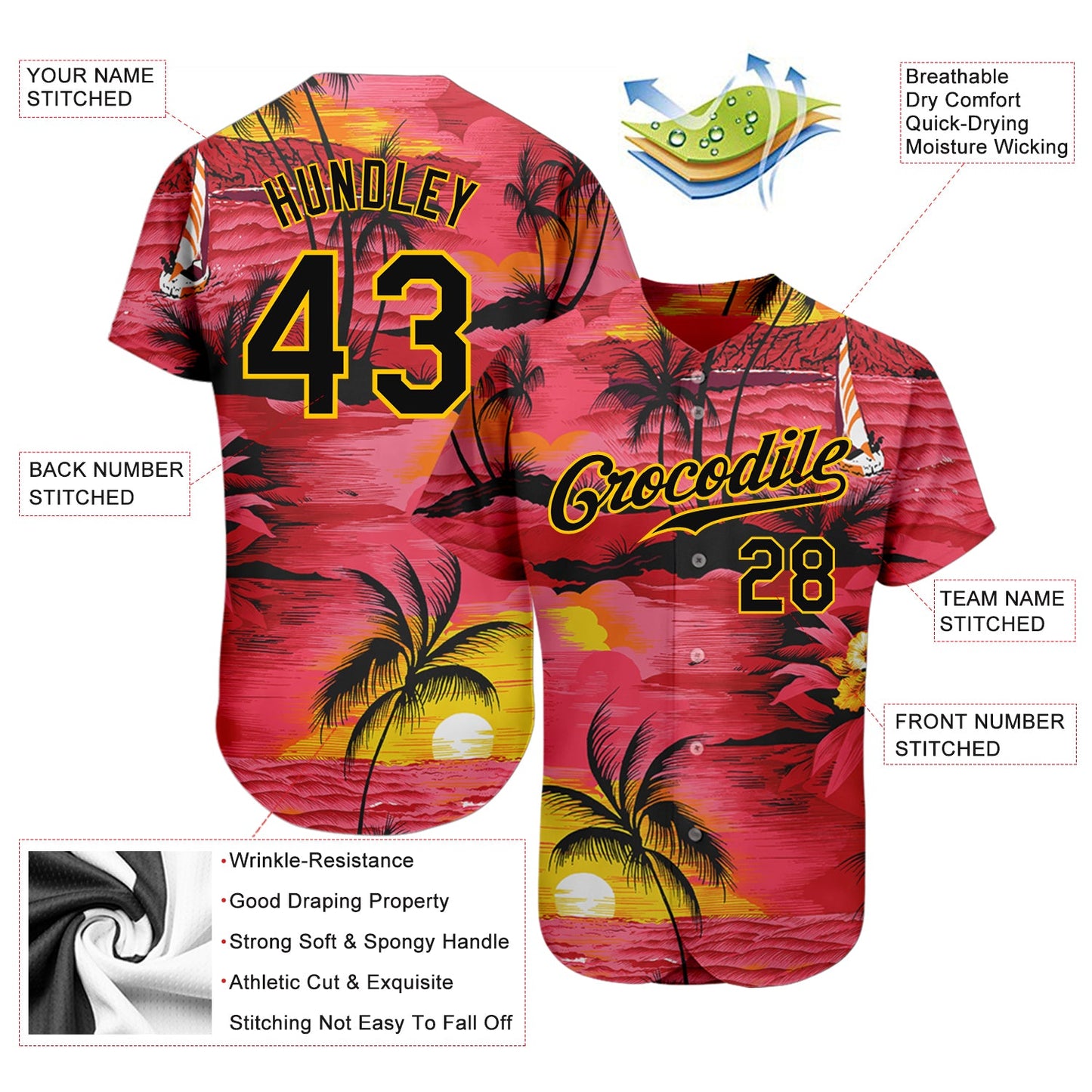 Custom Red Black-Yellow 3D Pattern Design Sun Beach Hawaii Palm Trees Authentic Baseball Jersey view 3
