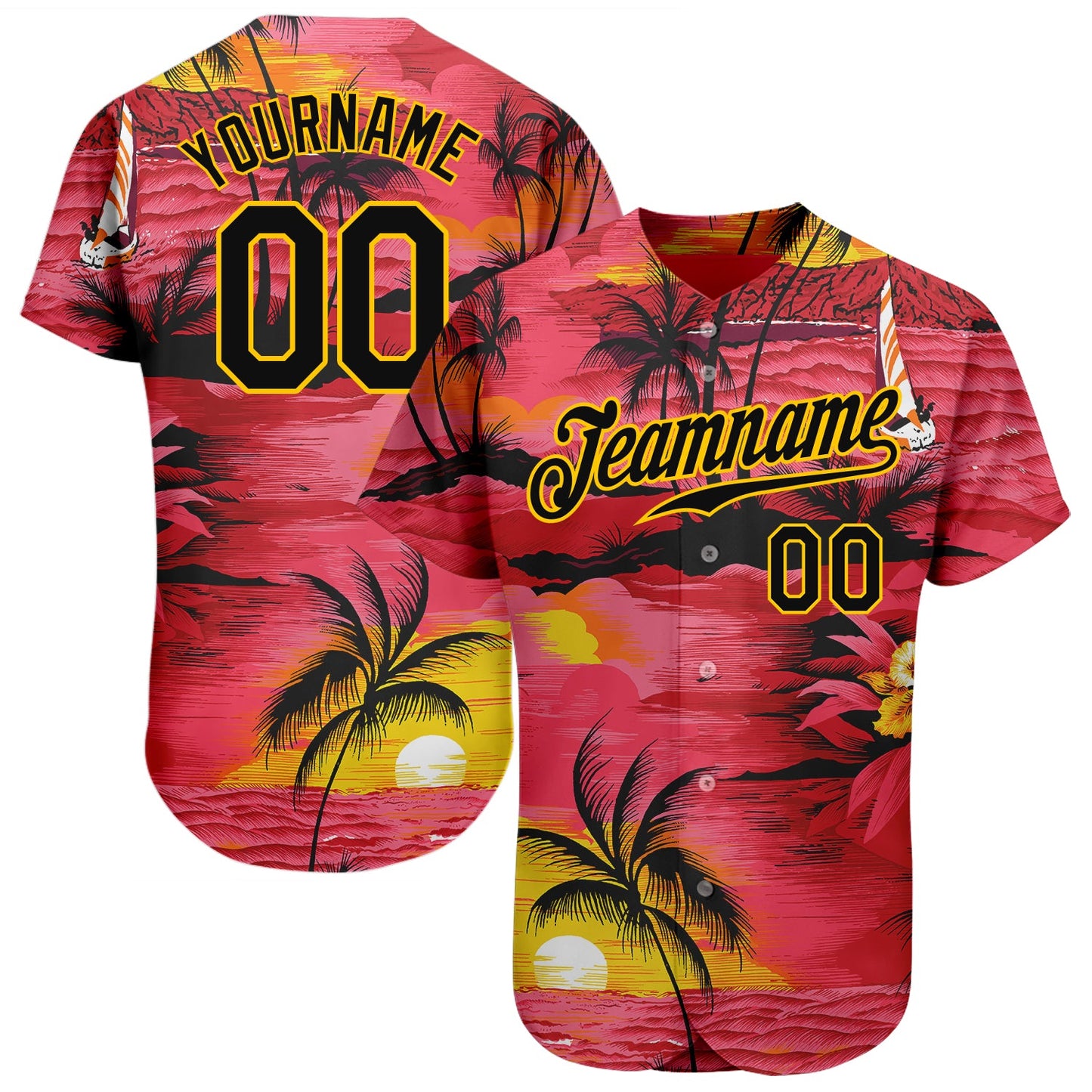 Custom Red Black-Yellow 3D Pattern Design Sun Beach Hawaii Palm Trees Authentic Baseball Jersey - Main View