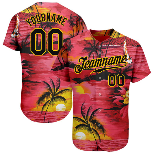 Custom Red Black-Yellow 3D Pattern Design Sun Beach Hawaii Palm Trees Authentic Baseball Jersey - Main View