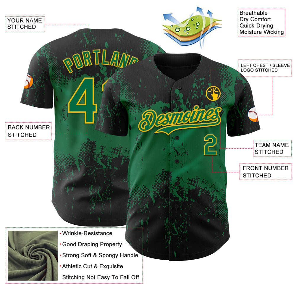 Custom Black Kelly Green-Yellow Abstract Splatter Grunge Paint Authentic Baseball Jersey view 3
