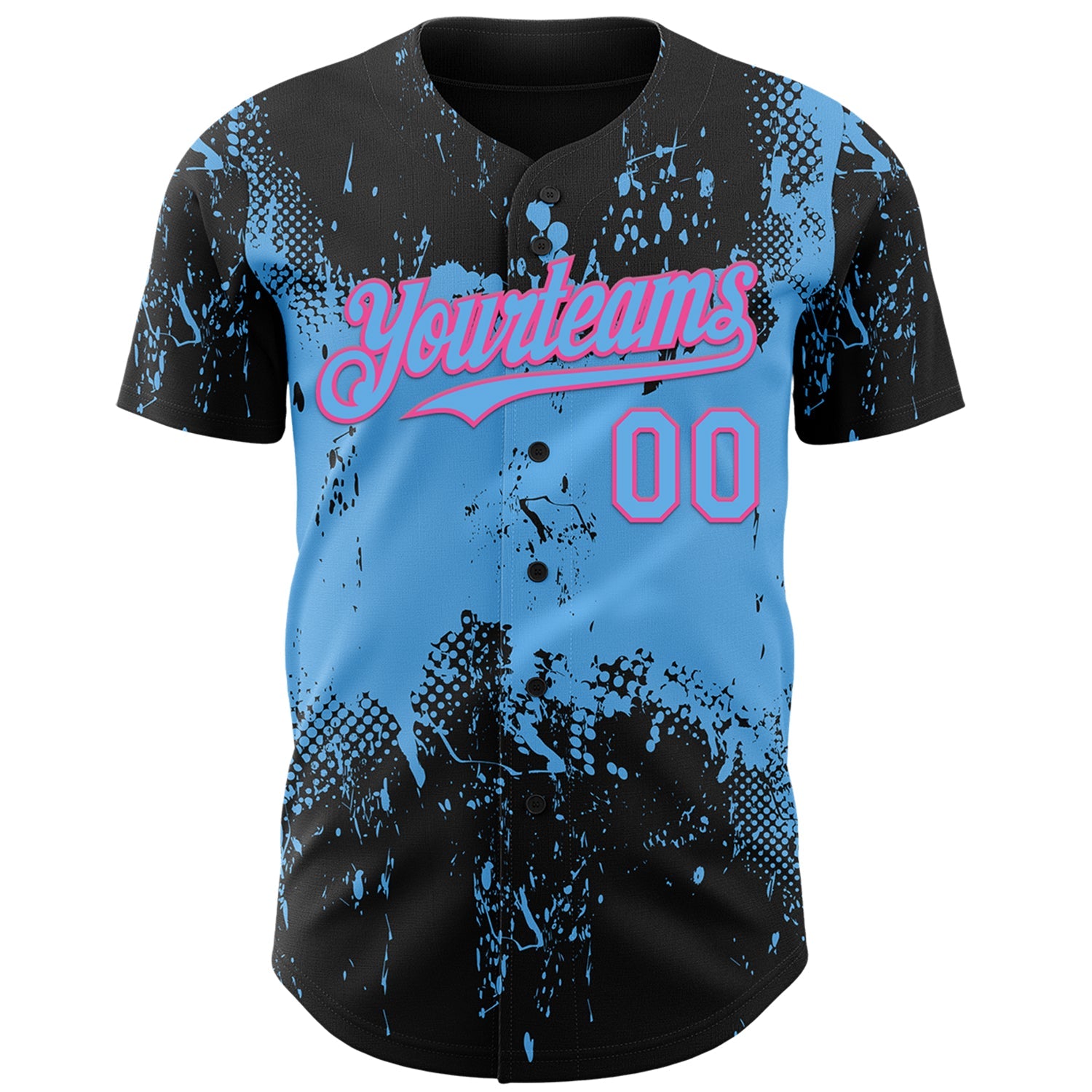 Custom Black Sky Blue-Pink Abstract Splatter Grunge Paint Authentic Baseball Jersey view 2