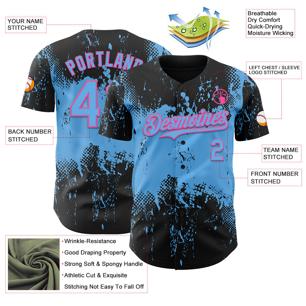 Custom Black Sky Blue-Pink Abstract Splatter Grunge Paint Authentic Baseball Jersey view 3