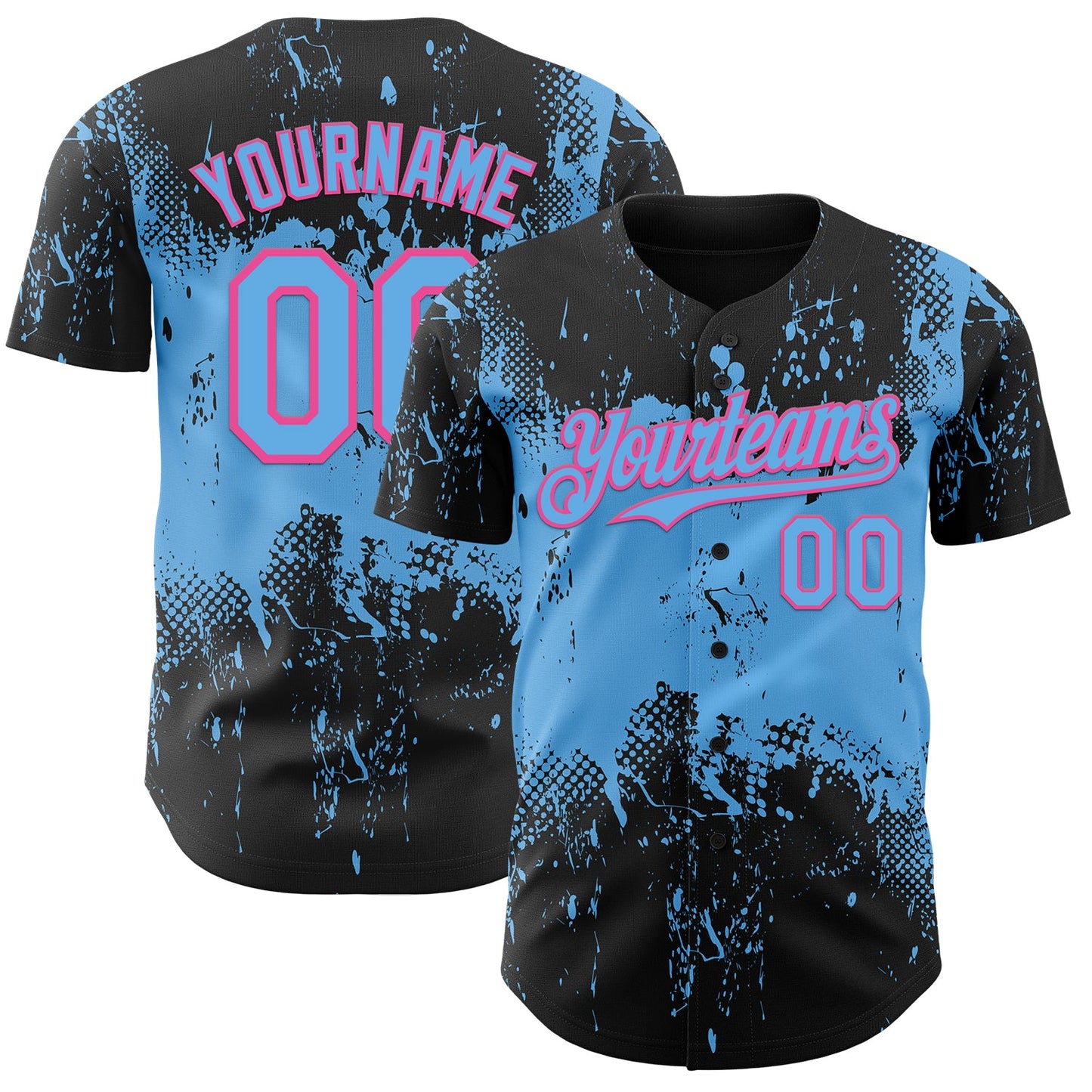 Custom Black Sky Blue-Pink Abstract Splatter Grunge Paint Authentic Baseball Jersey - Main View