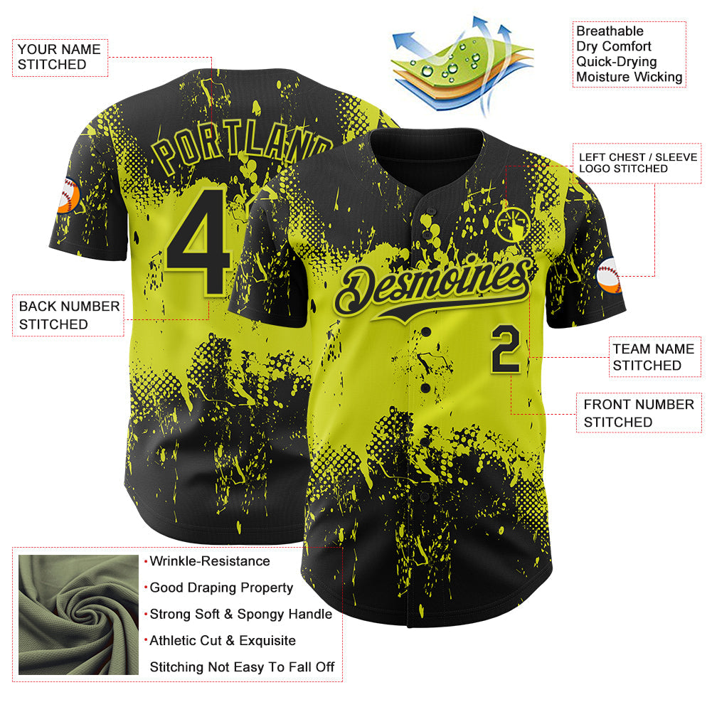 Custom Black Neon Yellow Abstract Splatter Grunge Paint Authentic Baseball Jersey view 3