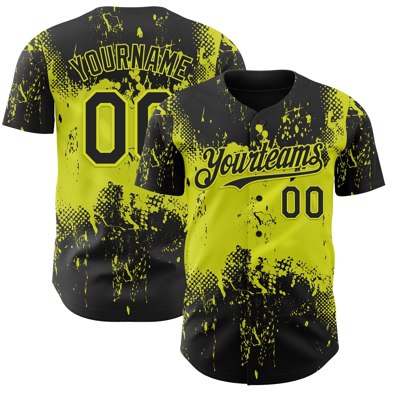 Custom Black Neon Yellow Abstract Splatter Grunge Paint Authentic Baseball Jersey - Main View