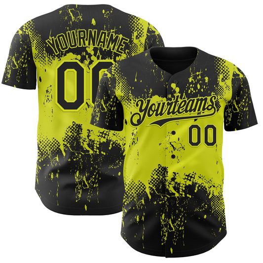 Custom Black Neon Yellow Abstract Splatter Grunge Paint Authentic Baseball Jersey - Main View