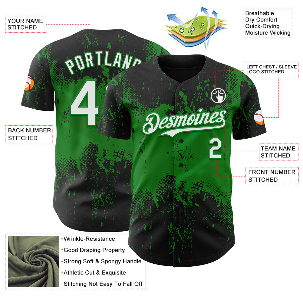 Custom Black White-Grass Green Abstract Splatter Grunge Paint Authentic Baseball Jersey view 3