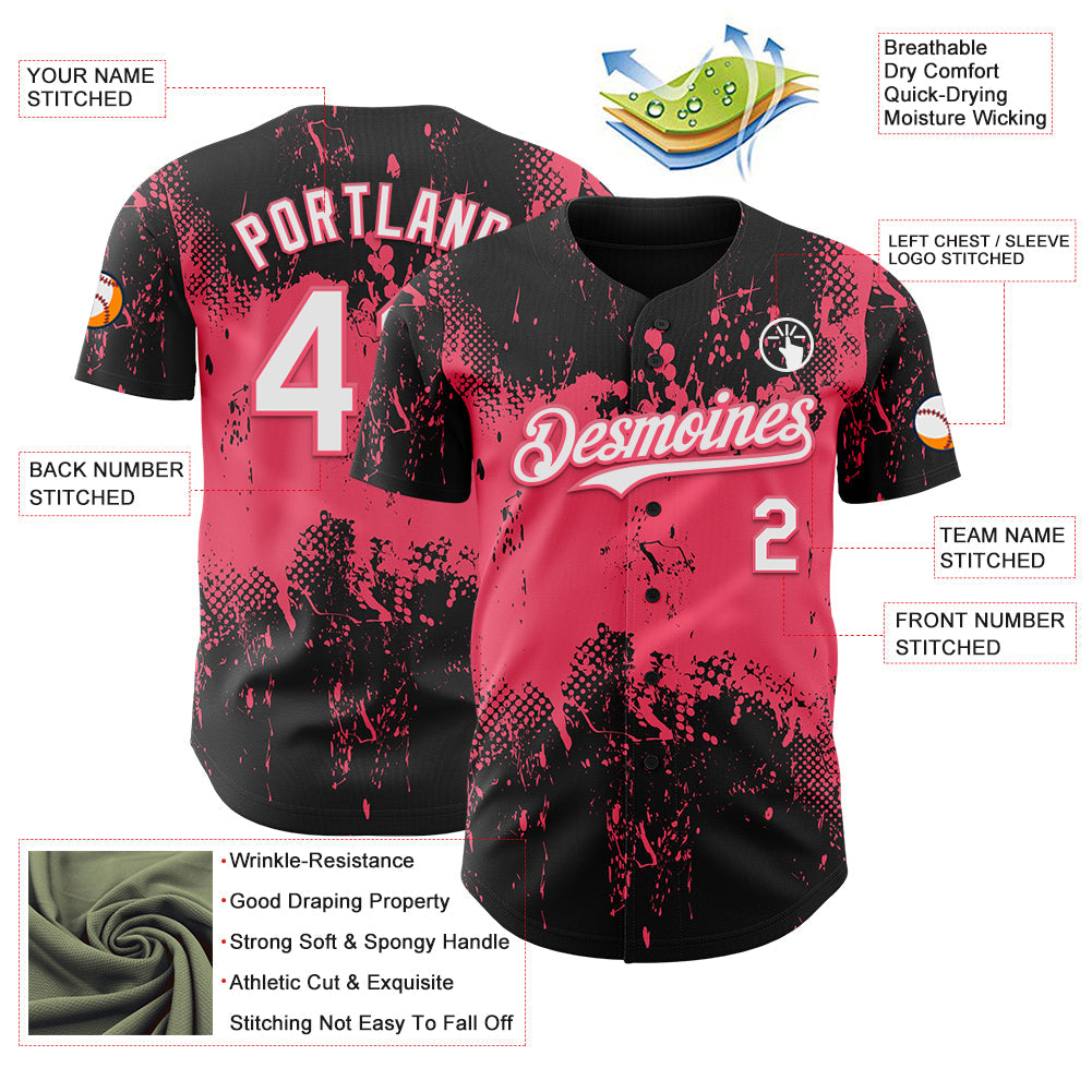 Custom Black White-Neon Pink Abstract Splatter Grunge Paint Authentic Baseball Jersey view 3