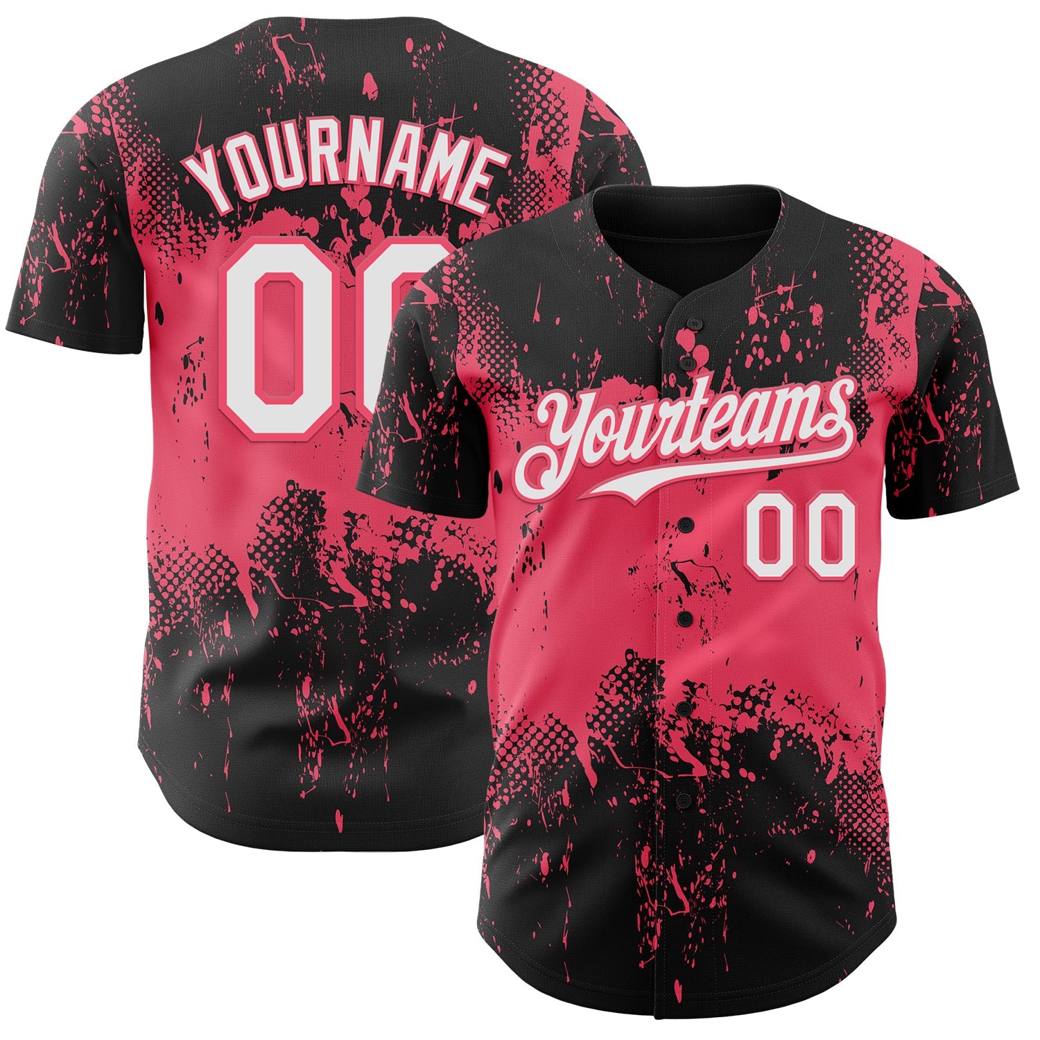 Custom Black White-Neon Pink Abstract Splatter Grunge Paint Authentic Baseball Jersey - Main View