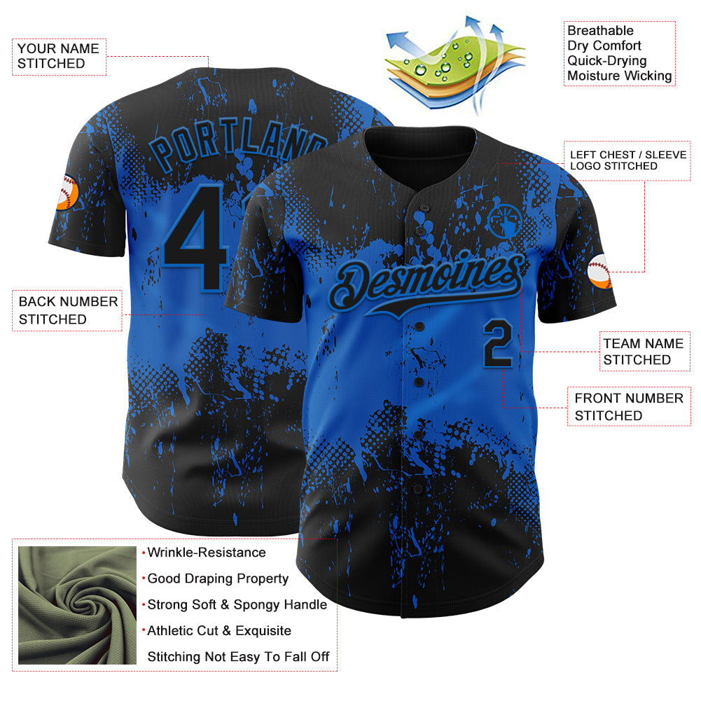 Custom Black Blue Abstract Splatter Grunge Paint Authentic Baseball Jersey view 3