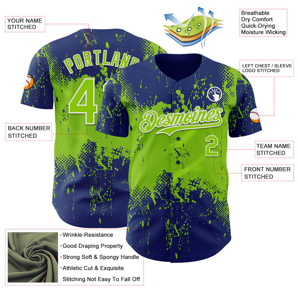 Custom Royal Neon Green-White Abstract Splatter Grunge Paint Authentic Baseball Jersey view 3