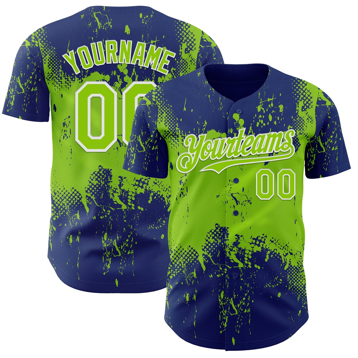 Custom Royal Neon Green-White Abstract Splatter Grunge Paint Authentic Baseball Jersey - Main View
