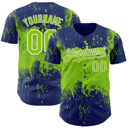 Custom Royal Neon Green-White Abstract Splatter Grunge Paint Authentic Baseball Jersey - Main View