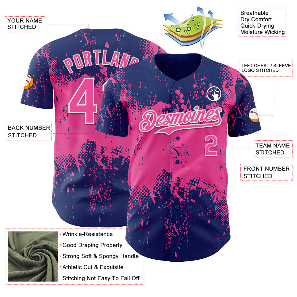 Custom Royal Pink-White Abstract Splatter Grunge Paint Authentic Baseball Jersey view 3