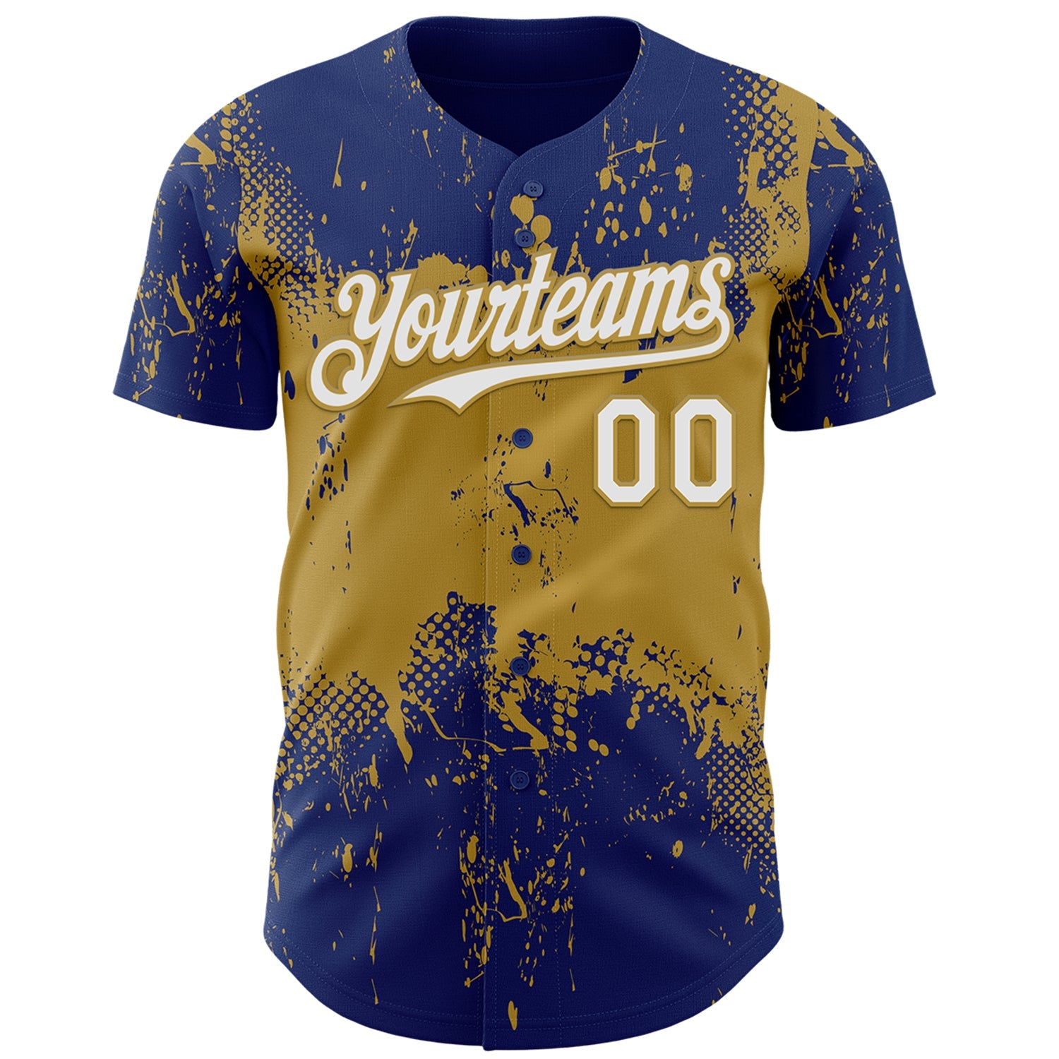 Custom Royal White-Old Gold Abstract Splatter Grunge Paint Authentic Baseball Jersey view 2