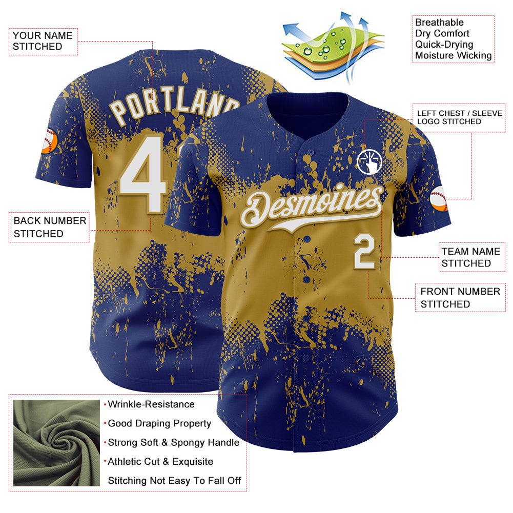 Custom Royal White-Old Gold Abstract Splatter Grunge Paint Authentic Baseball Jersey view 3
