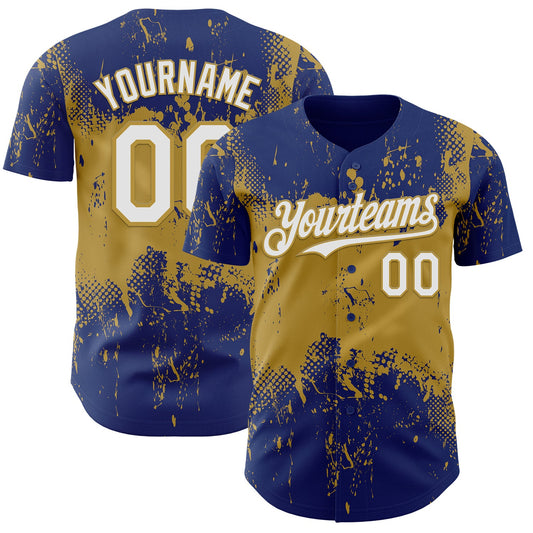Custom Royal White-Old Gold Abstract Splatter Grunge Paint Authentic Baseball Jersey - Main View