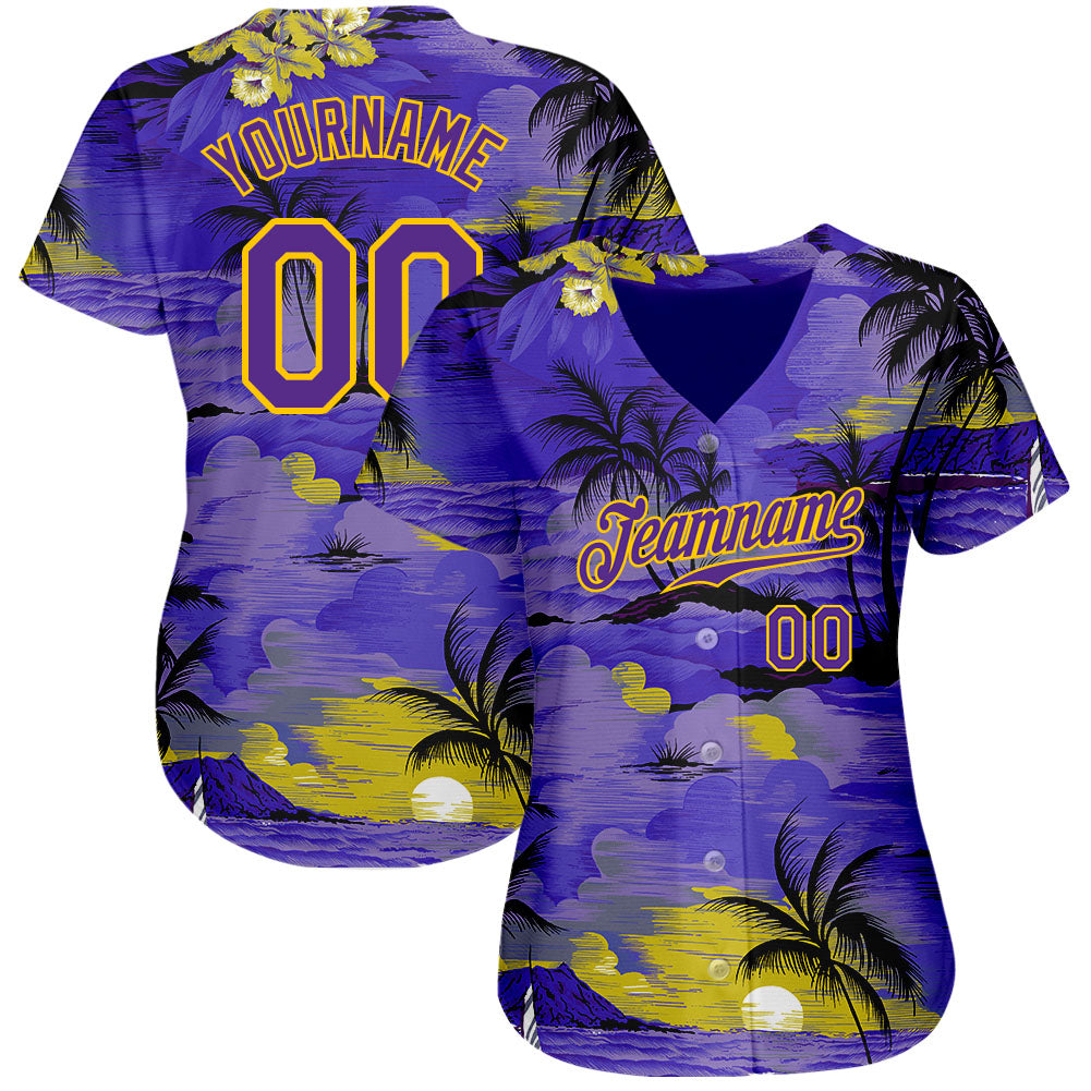 Custom Purple Yellow 3D Pattern Design Sun Beach Hawaii Palm Trees Authentic Baseball Jersey view 2