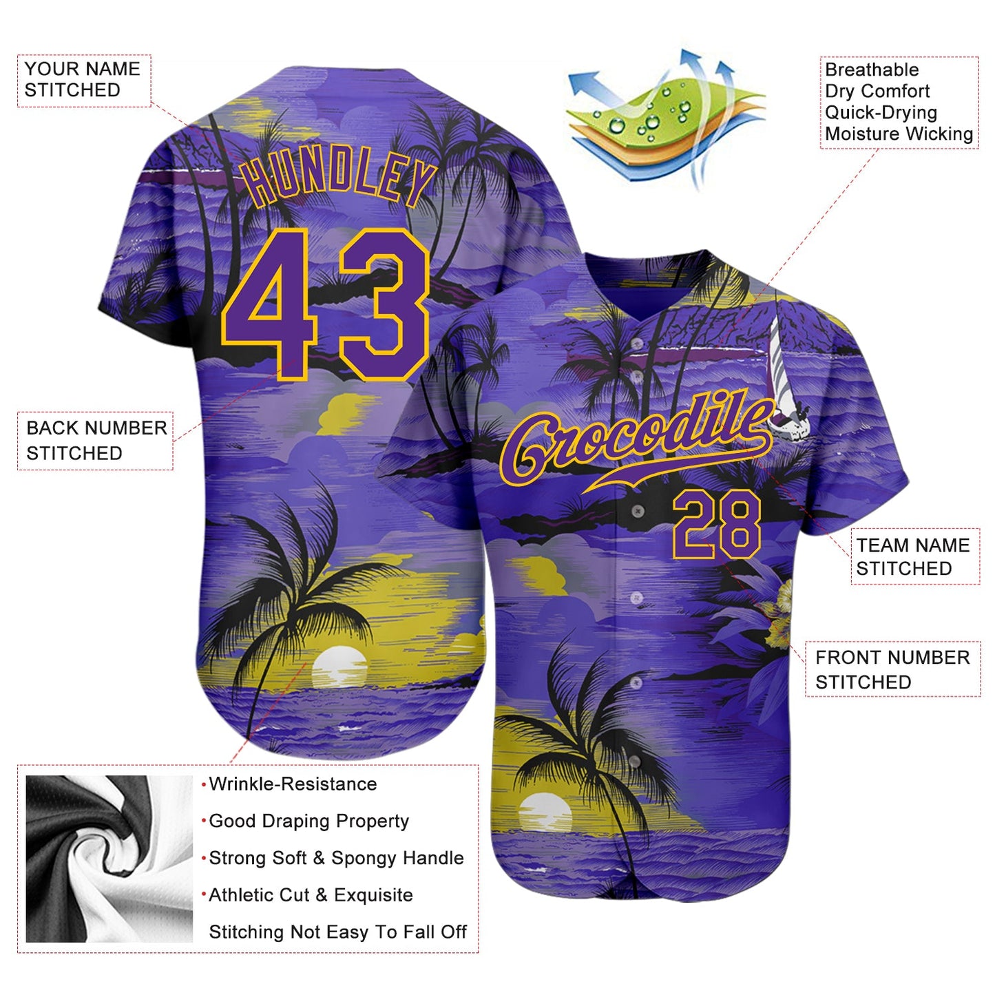 Custom Purple Yellow 3D Pattern Design Sun Beach Hawaii Palm Trees Authentic Baseball Jersey view 3